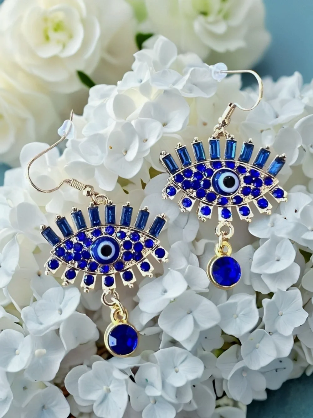 Gold-Tone Evil Eye Drop Earrings with Royal Blue Crystals - Women Jewelry